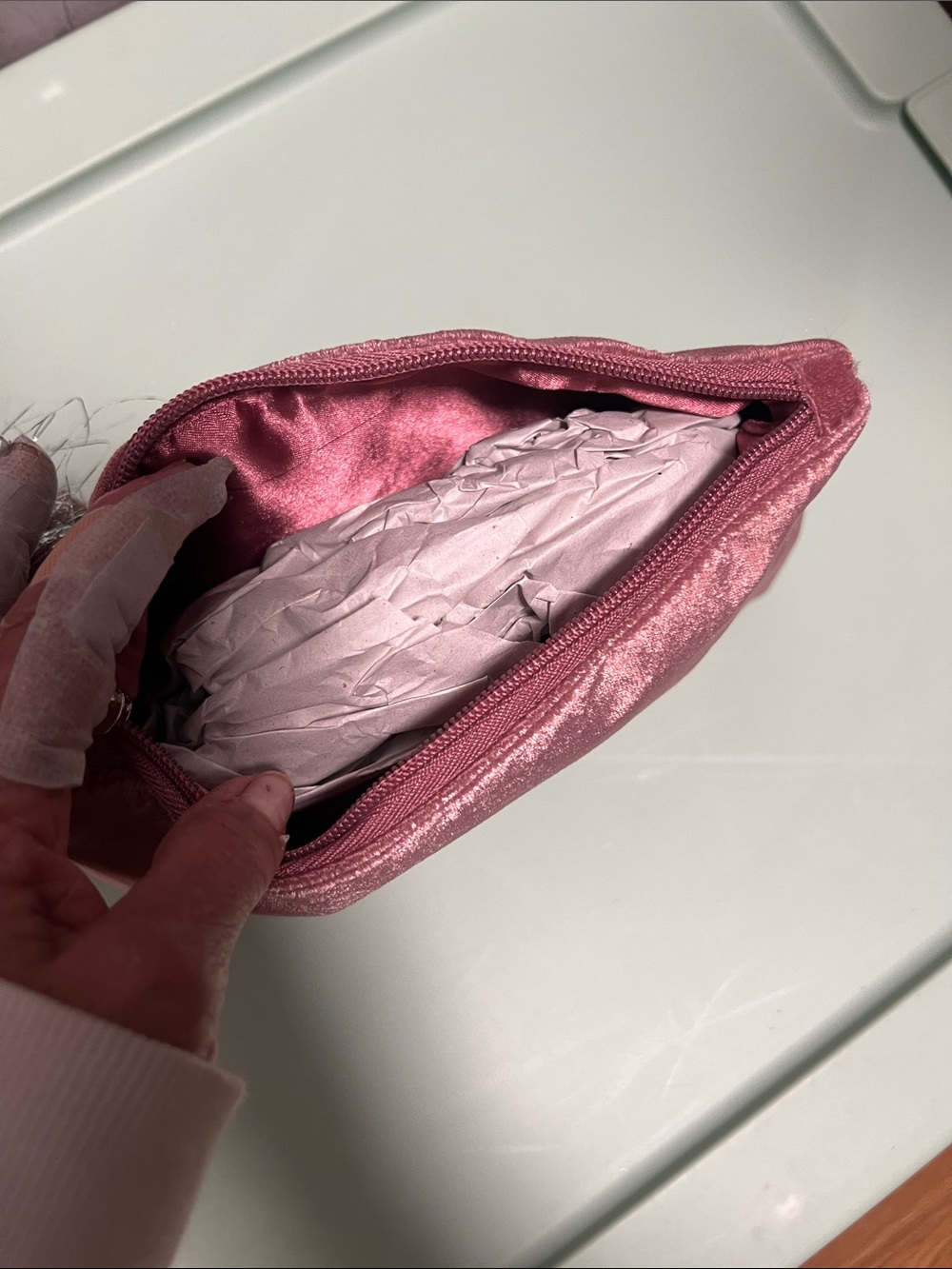 Hand-Beaded Pink Velvet Cosmetic Bag with Crescent Moon - Picture 2 of 4